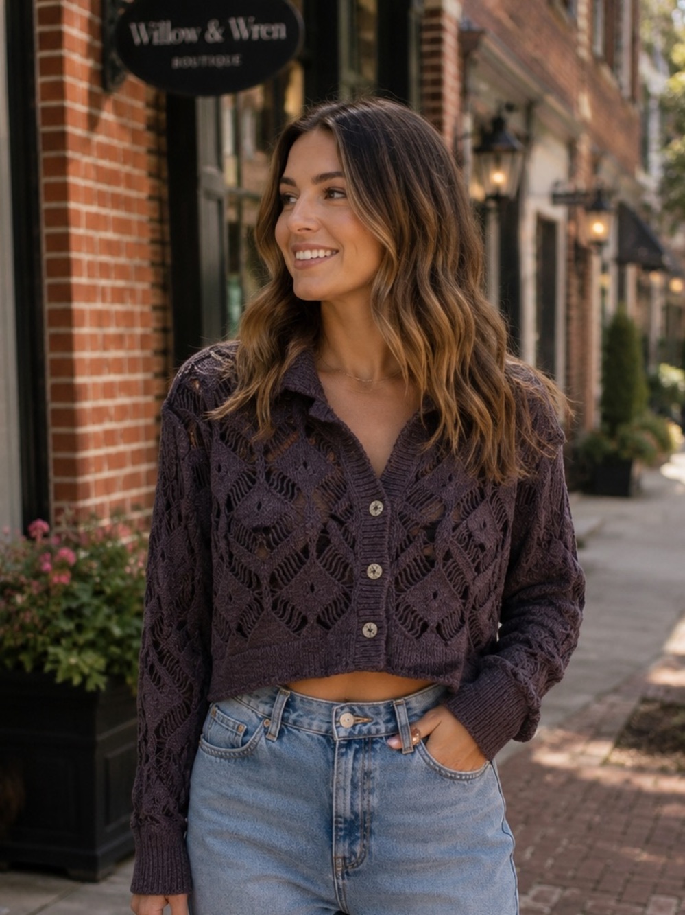 Free People Dark Plum Openwork Cropped Button Cardigan